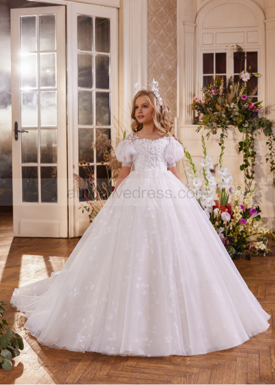 Puff Sleeves Beaded Ivory Organza Lace Romantic Flower Girl Dress